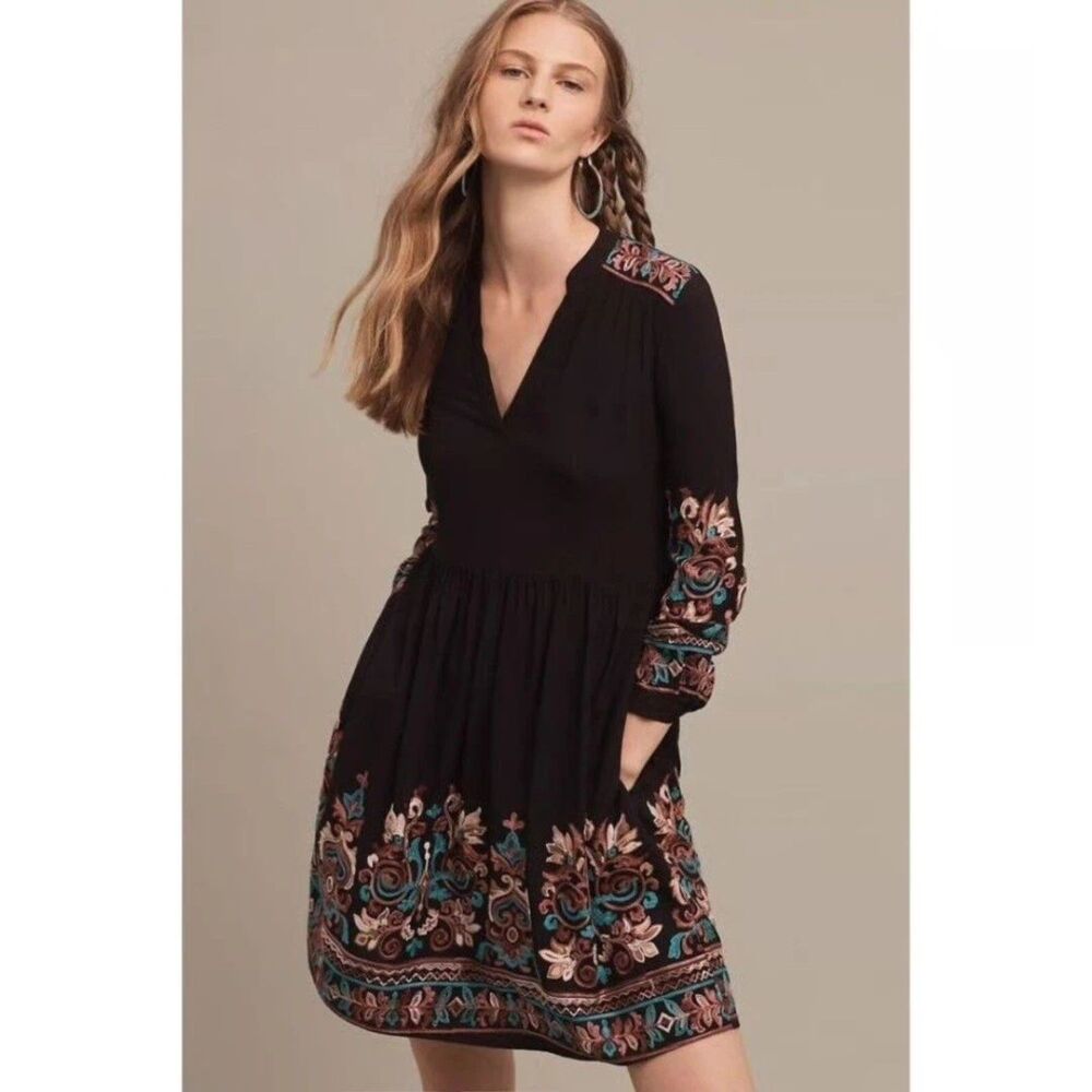 Anthropologie Floreat Avery Black Embroidered Long Sleeve Mini Dress Medium